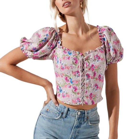 Astr Tops - ASTR the Label Lace Up Floral Puff Sleeve Top